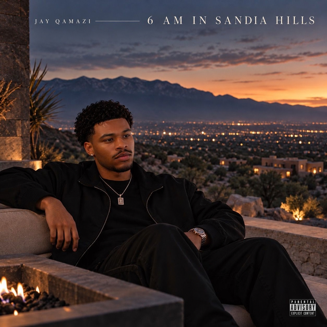 6 AM in Sandia Hills cover: Jay Qamazi overlooking the mountains at dawn